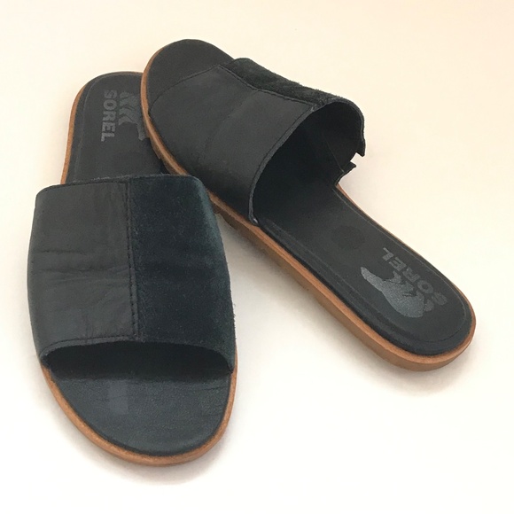 SOREL Ella ll Slide Sandals Leather Slip On Black Sandals Women’s Size 9 - Picture 6 of 16